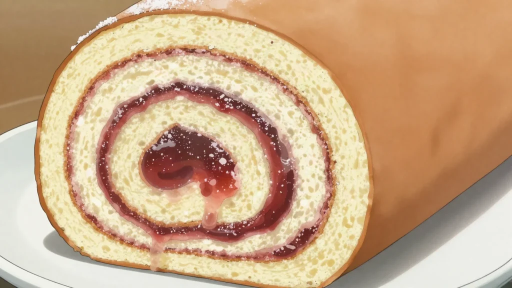 Bolo de rolo, paper-thin sponge rolled around guava paste into a tight spiral, Brazil dessert, anime style