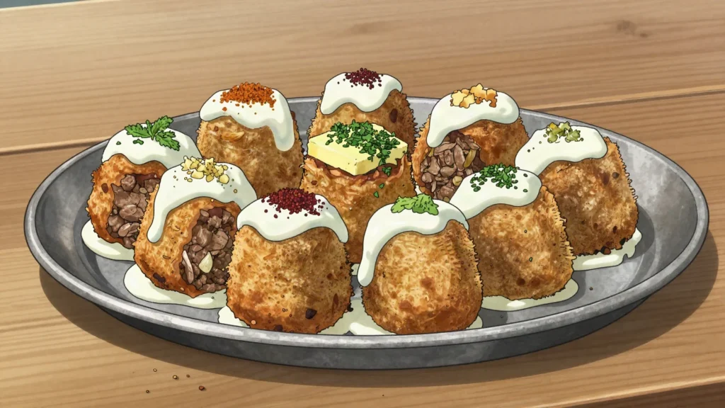 Boraki, open-ended meat rolls fried standing upright, then simmered and topped with garlic yoghurt, Armenia main, anime style
