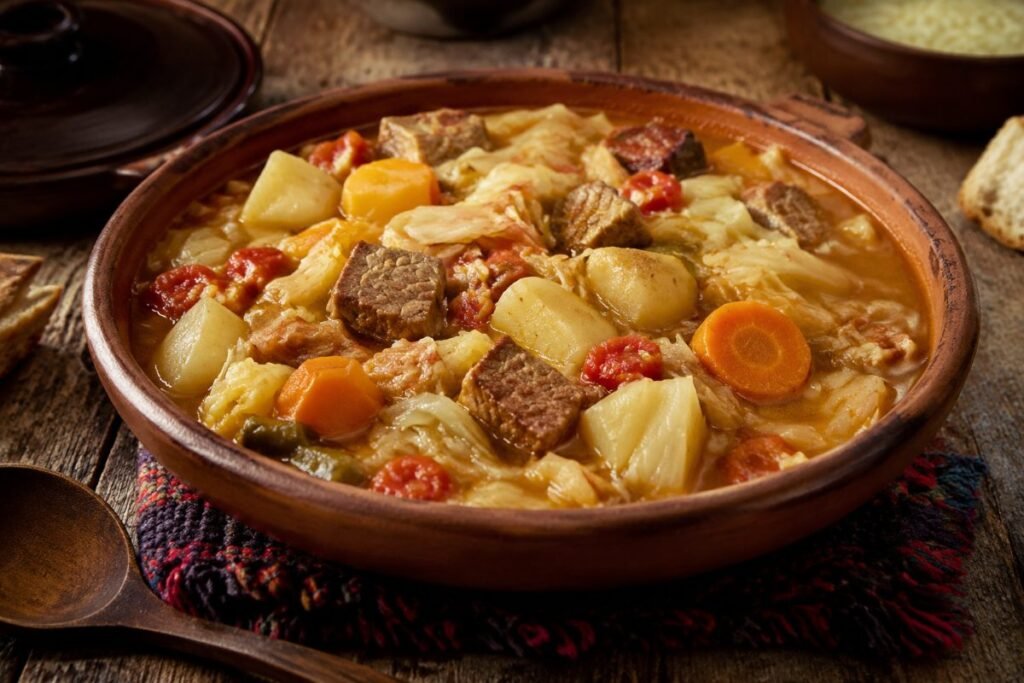 Bosanski lonac, layered meat and vegetable pot simmered for hours, Bosnia and Herzegovina soup & stew, anime style