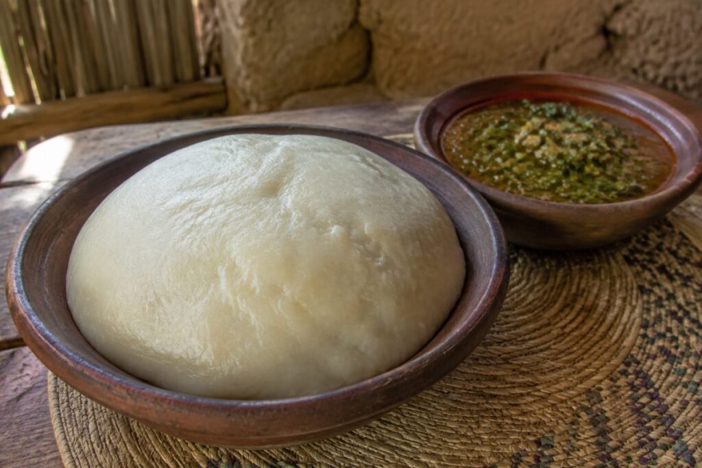Boule, smooth millet or sorghum dough ball dipped into okra and meat sauces, Chad main, anime style