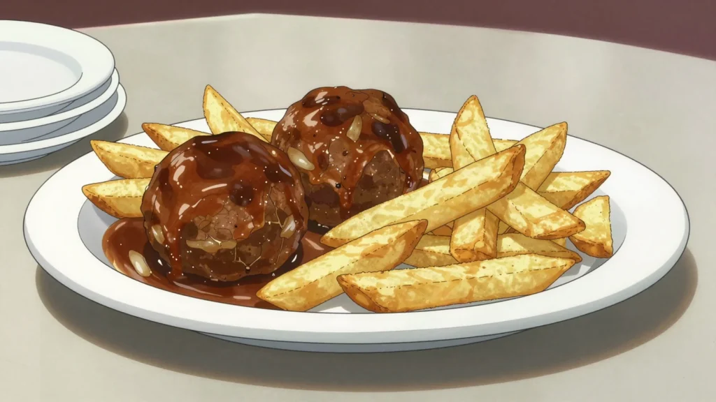 Boulets à la liégeoise, pork-beef meatballs in sweet-sour Liège syrup sauce, Belgium main, anime style