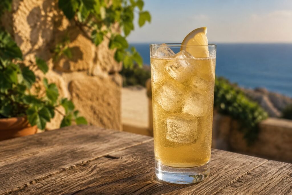 Brandy Sour, cypriot brandy with lemon squash, bitters and soda, long and pale, Cyprus cocktail, anime style