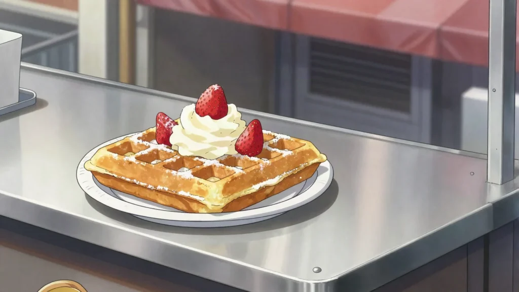 Brussels waffle, light rectangular yeast waffle dusted with sugar or piled with cream, Belgium street food, anime style