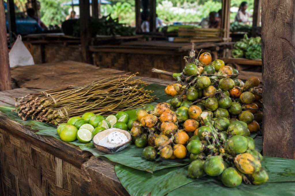Buai, betel nut chewed with mustard stick and lime, staining mouths bright red, Papua New Guinea snack, anime style
