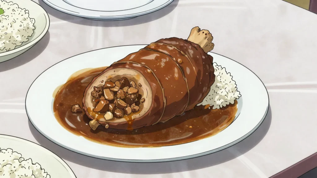 Buchada de bode, goat offal chopped, seasoned and cooked inside the cleaned stomach, Brazil main, anime style