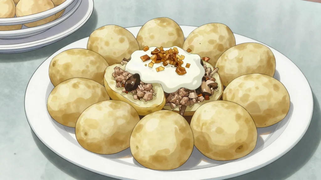 Bulbianiki, grated potato dumplings stuffed with meat or mushrooms, boiled or baked, Belarus main, anime style