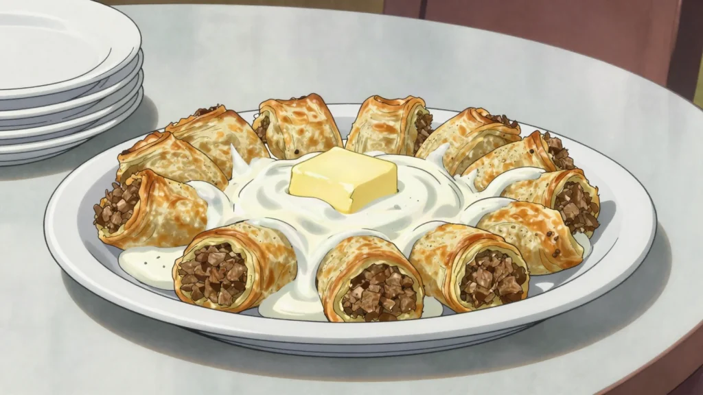 Buredzici, small burek rolls baked then drowned in garlicky yoghurt and butter, Bosnia and Herzegovina main, anime style