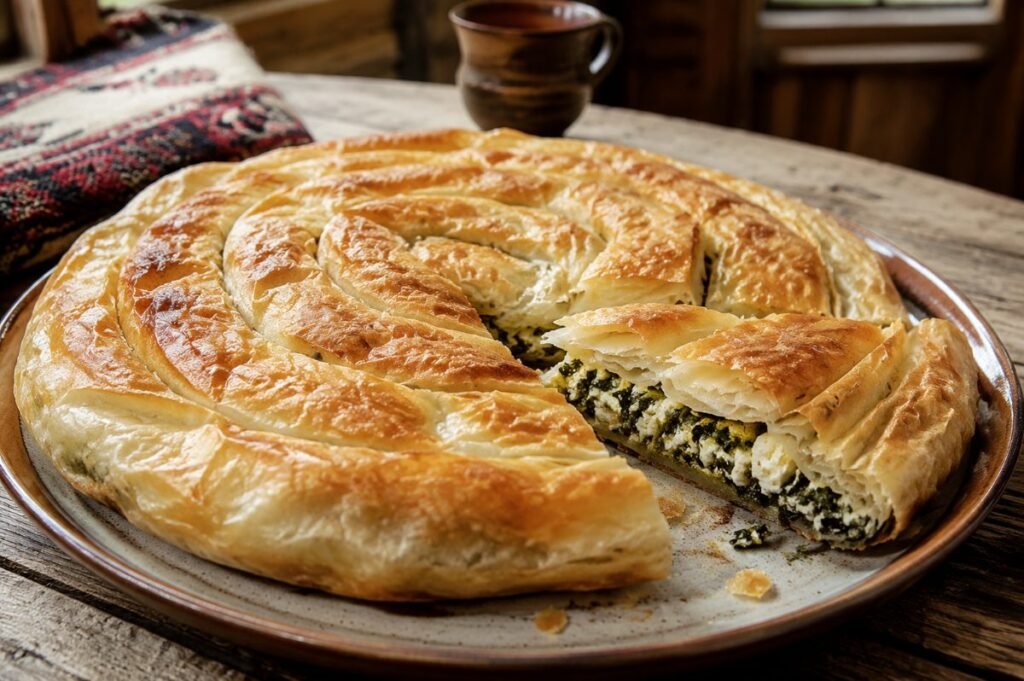 Byrek, flaky phyllo pie with spinach, cheese or meat, Albania bread & pastry, anime style