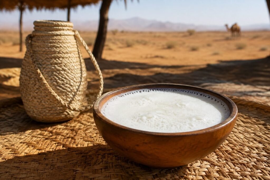 Caano geel, fresh camel milk drunk warm from a wooden vessel, the pastoral staple, Somalia drink, anime style