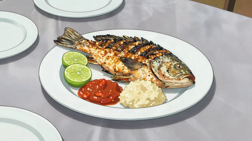 Cacusso, freshwater tilapia grilled whole and served with funge and gindungo, Angola main, anime style