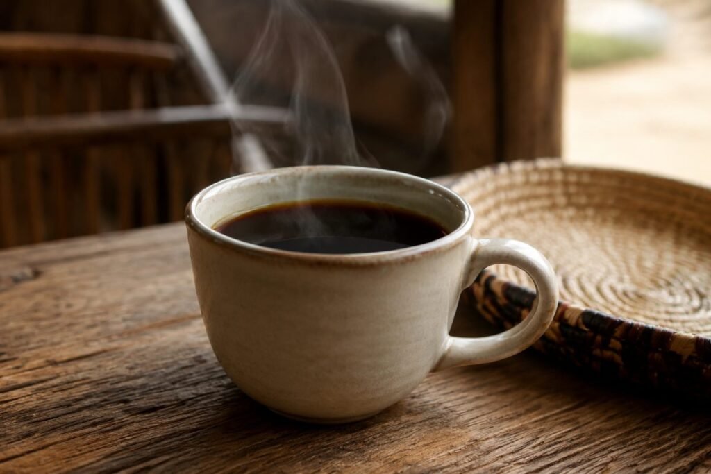 Café angolano, strong dark robusta, served short and sweet in Luanda cafés, Angola drink, anime style