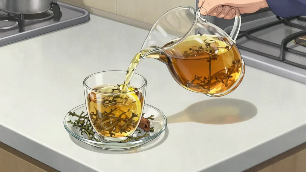 Çaj mali, mountain tea brewed from dried Sideritis flowers, sweetened with honey, Kosovo drink, anime style