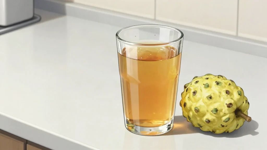 Cajuína, clarified cashew-apple juice, amber and still, served chilled, Brazil drink, anime style