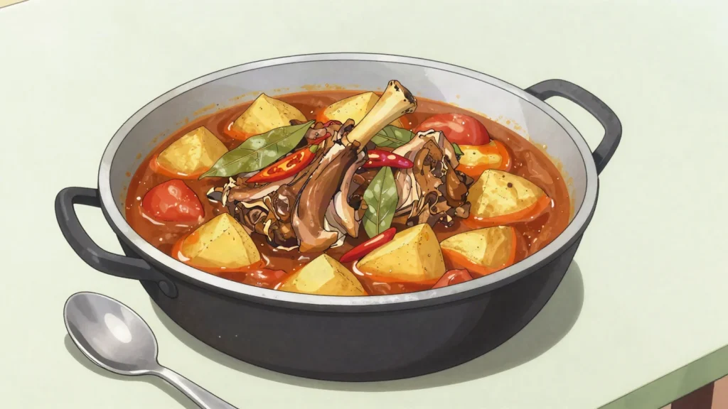 Caldeirada de cabrito, goat braised with potato, tomato and wine in a deep pot, Angola soup & stew, anime style