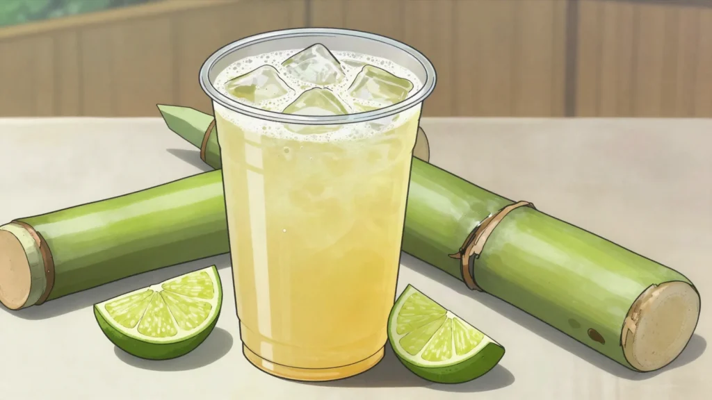 Caldo de cana, sugarcane juice pressed to order, served ice cold with lime, Brazil drink, anime style