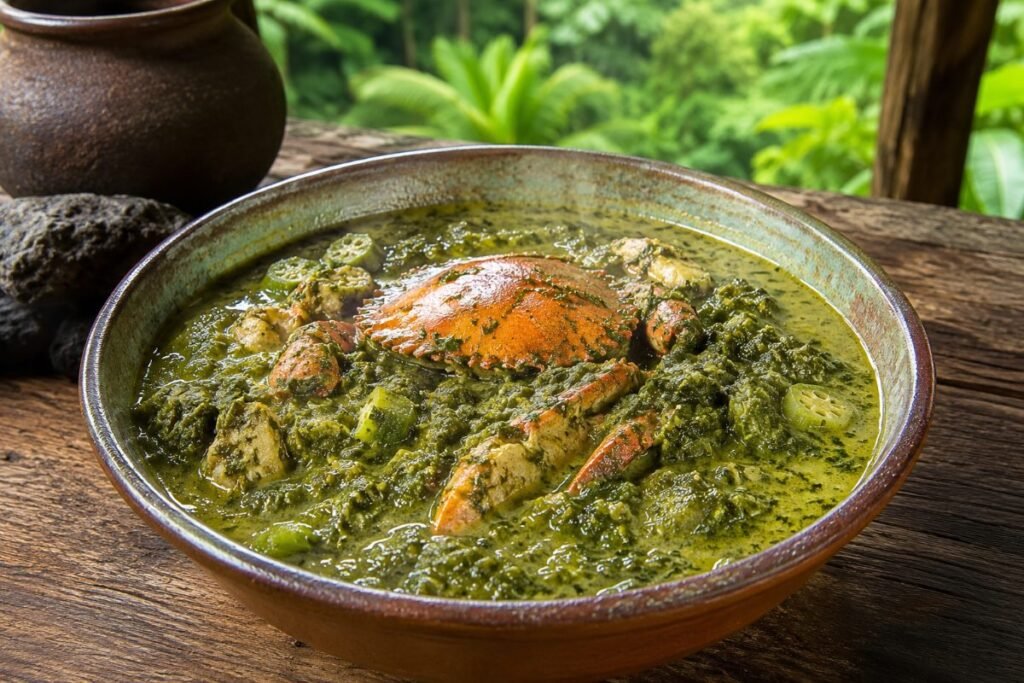 Callaloo soup, leafy dasheen soup with ground provisions, Saint Vincent and the Grenadines soup & stew, anime style