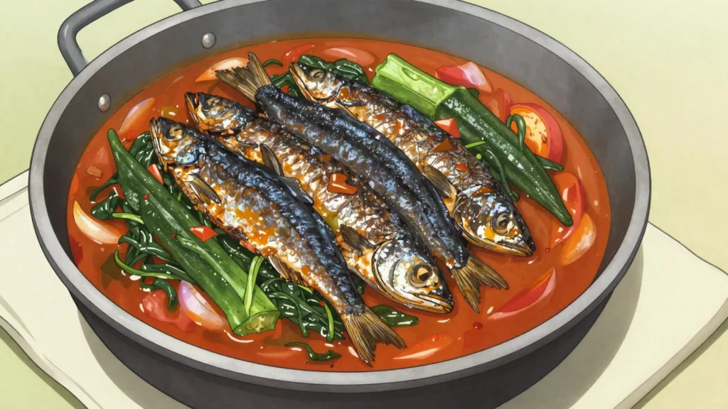 Calulu, smoked fish stewed with okra, greens and palm oil; national dish, São Tomé and Príncipe soup & stew, anime style