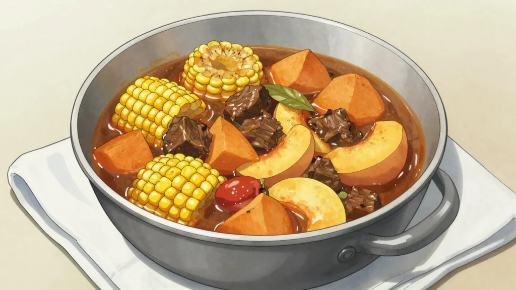 Carbonada, beef stew with corn, sweet potato and peaches, sometimes in pumpkin, Argentina soup & stew, anime style