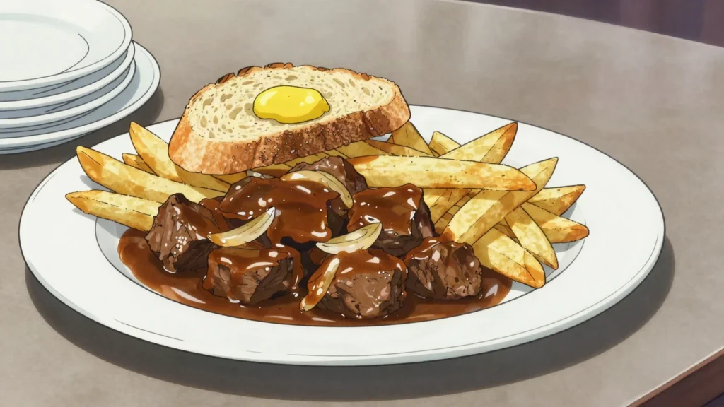 Carbonade flamande, beef stewed in dark abbey beer, slightly sweet-sour, with fries, Belgium main, anime style