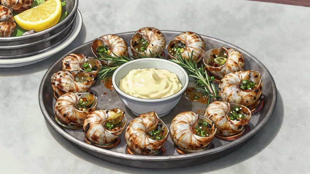 Cargols a la llauna, snails grilled on a tin with garlic, aioli, Andorra main, anime style