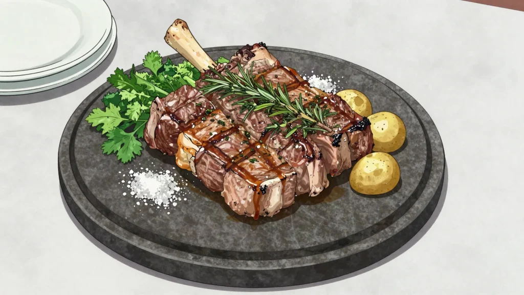 Carn a la llosa, meat grilled at table on a heated stone slab with herbs and salt, Andorra main, anime style