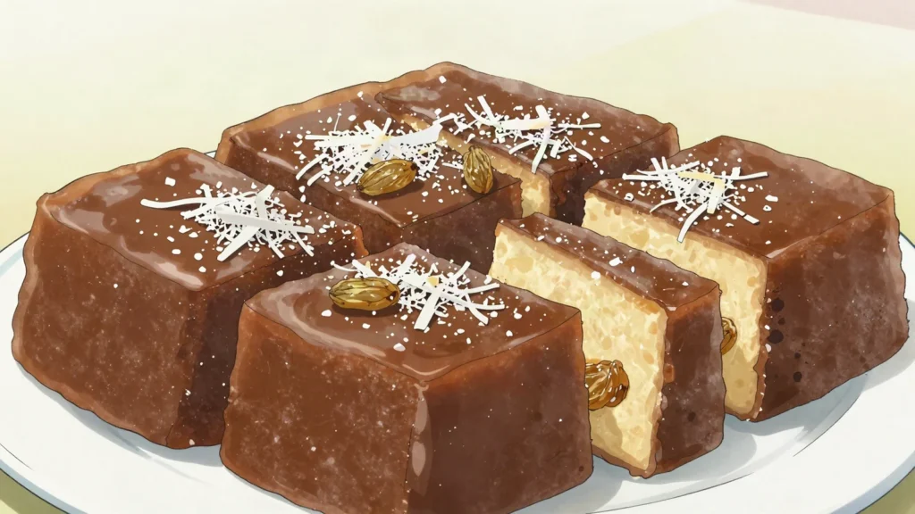 Cassava pone, chewy baked grated cassava-coconut pudding with spice, Guyana dessert, anime style