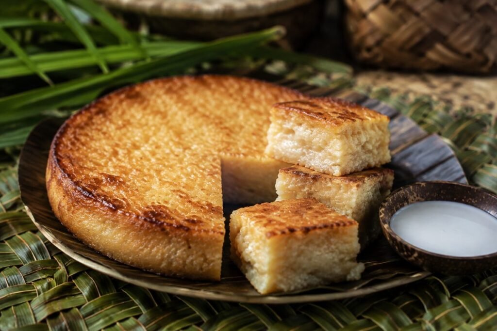 Cassava Pudding, grated cassava and coconut cream wrapped in leaves and stone-baked, Solomon Islands dessert, anime style