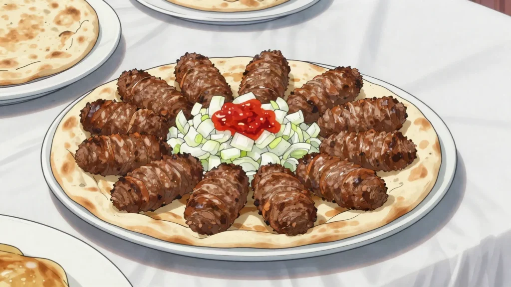 Ćevapi, leskovac grilled minced-meat rolls with flatbread, onion, Serbia main, anime style