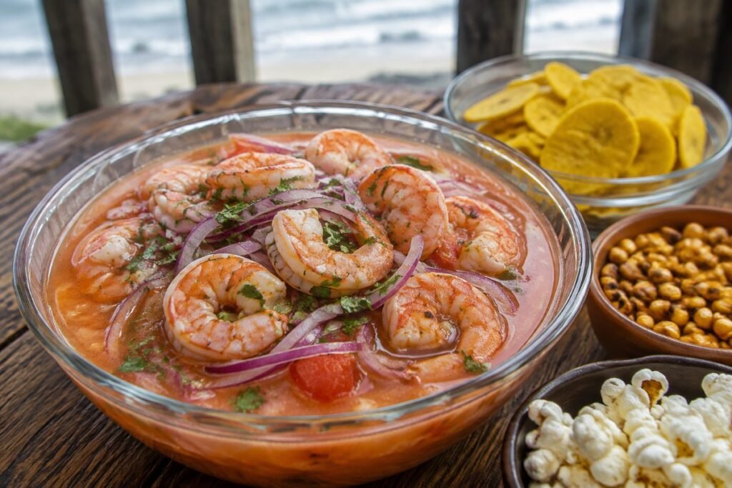 Ceviche de camarón, shrimp in tomato-citrus marinade, eaten with chifles and popcorn, Ecuador main, anime style