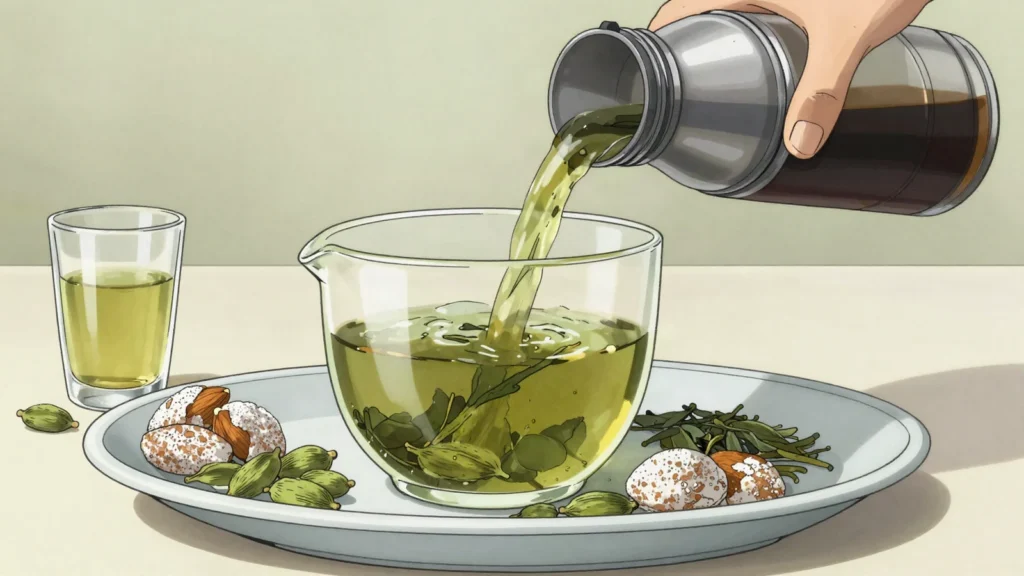 Chai Sabz, green tea with cardamom, poured endlessly from a thermos for every guest, Afghanistan drink, anime style