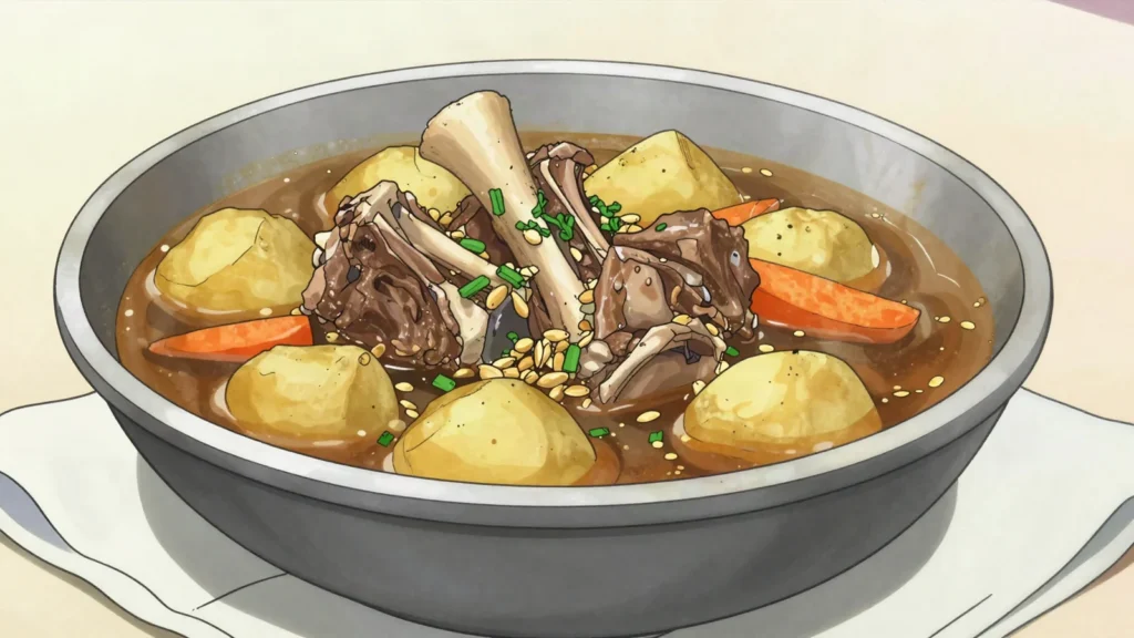 Chairo, la Paz soup of chuño, lamb, wheat and vegetables, Bolivia soup & stew, anime style