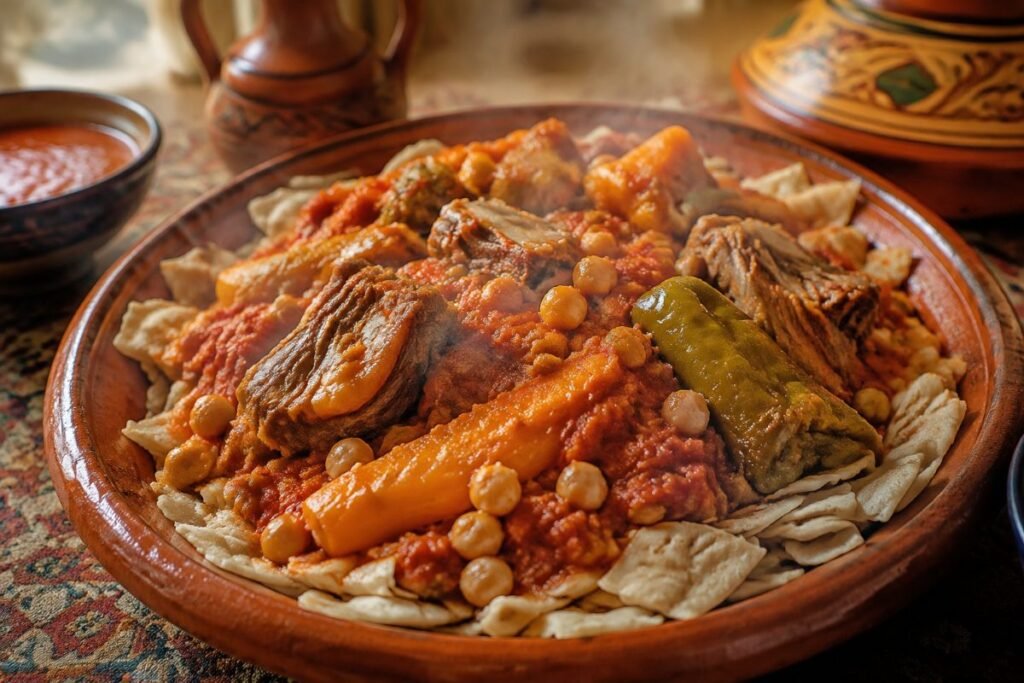 Chakhchoukha, torn flatbread pieces drenched in spicy tomato-lamb sauce with chickpeas, Algeria main, anime style