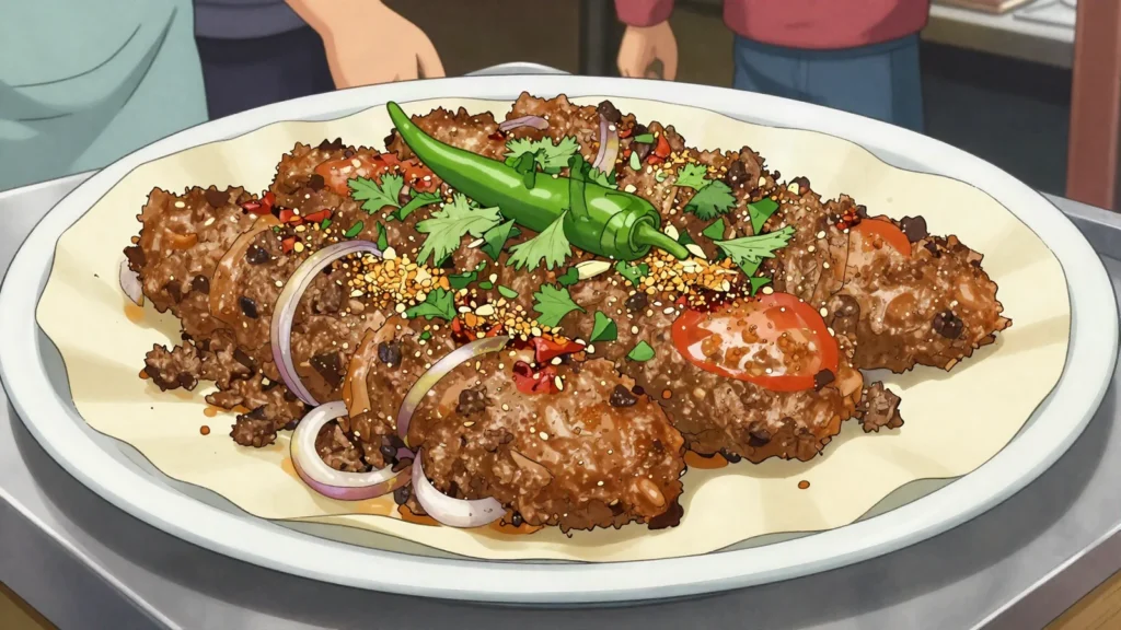 Chapli Kebab, peshawari flat minced-beef patty with coriander seeds, fried crisp, Pakistan street food, anime style
