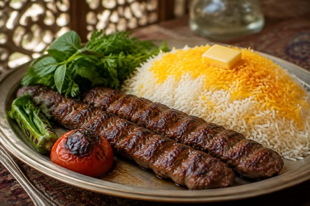 Chelow kabab, saffron buttered rice with charcoal kababs and grilled tomato; national dish, Iran main, anime style