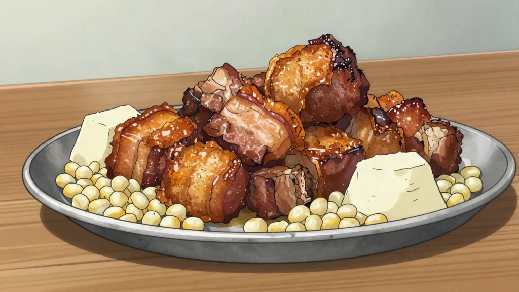 Chicharrón de cerdo, pork crisped in its own fat with chicha, served with mote, Bolivia main, anime style