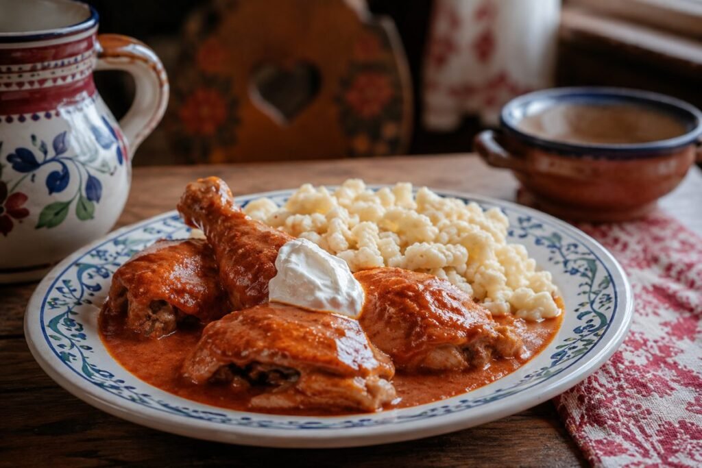 Chicken paprikash, chicken in creamy paprika sauce with nokedli dumplings, Hungary main, anime style