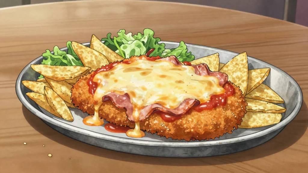 Chicken Parmigiana, breaded chicken schnitzel with tomato sauce and melted cheese, pub-night, Australia main, anime style