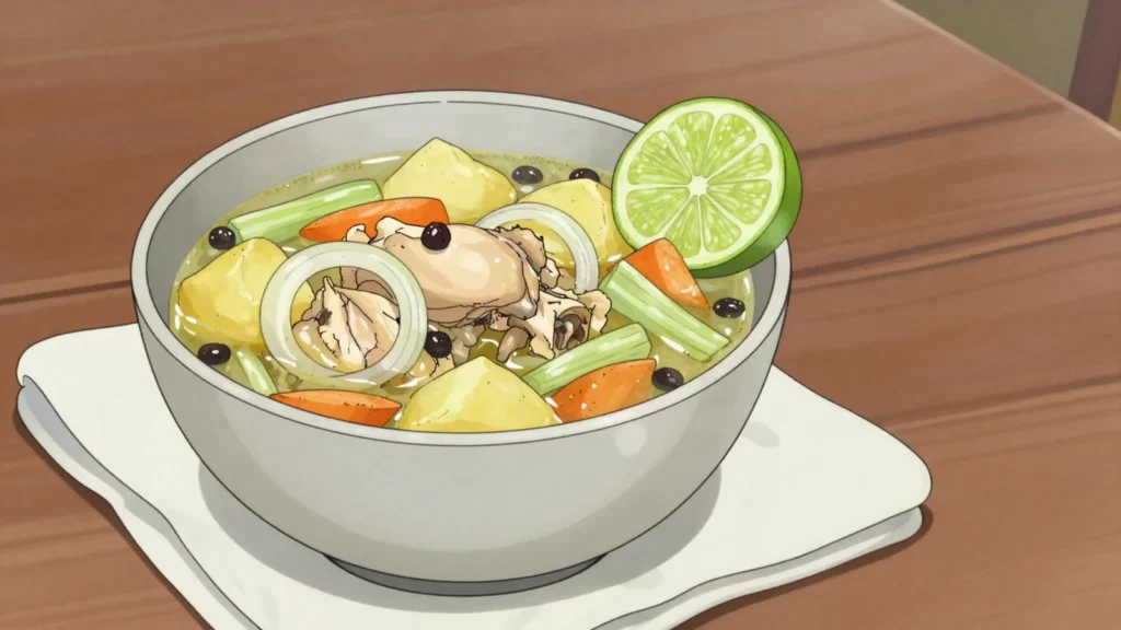 Chicken souse, limey chicken broth with allspice, weekend breakfast, Bahamas soup & stew, anime style