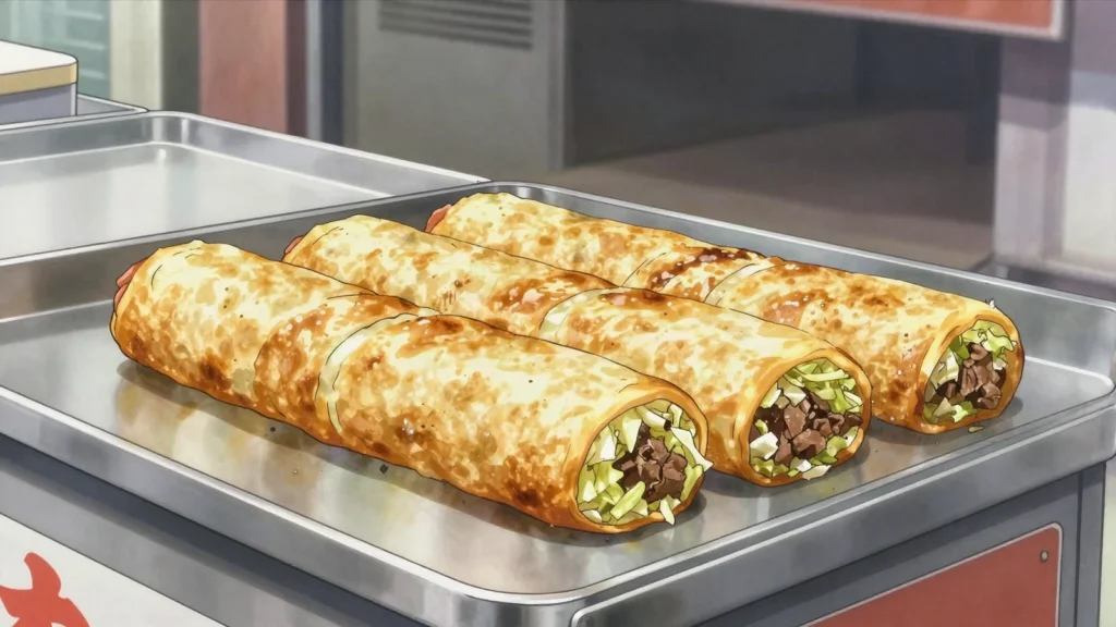 Chiko Roll, deep-fried roll of beef, cabbage and barley, takeaway-shop icon, Australia street food, anime style