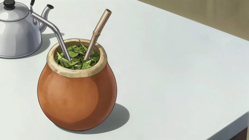 Chimarrão, hot erva-mate sipped from a shared gourd, southern tradition, Brazil drink, anime style