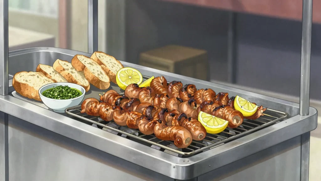 Chinchulines, grilled small intestines, braided or coiled, eaten crisp with lemon, Argentina street food, anime style