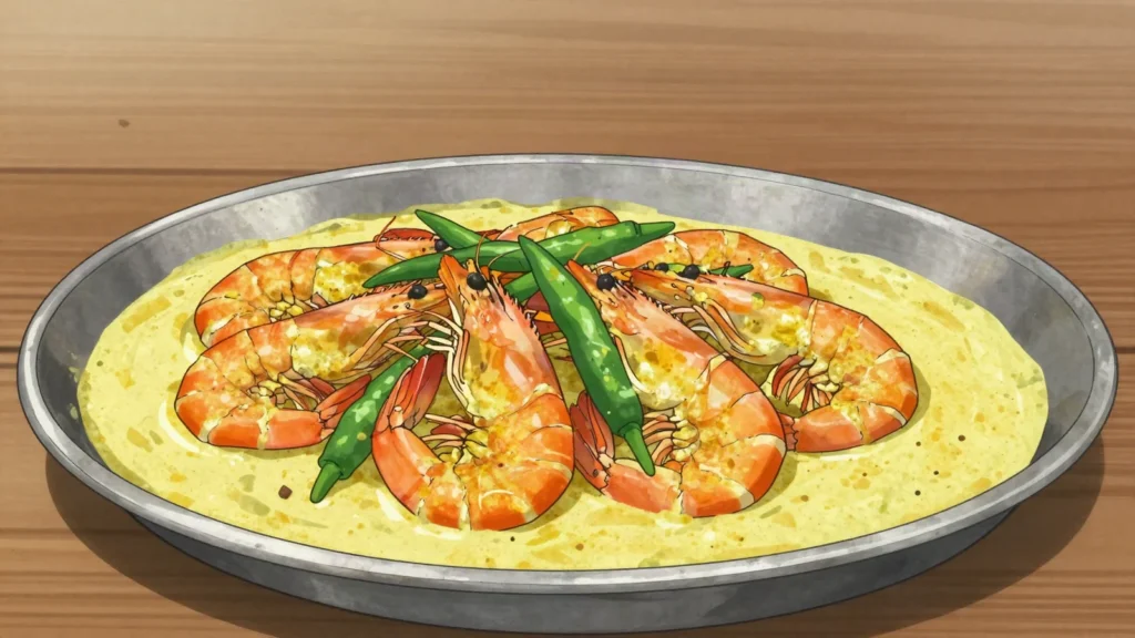 Chingri Malai Curry, prawns simmered in thick coconut milk with green chilli and turmeric, Bangladesh main, anime style