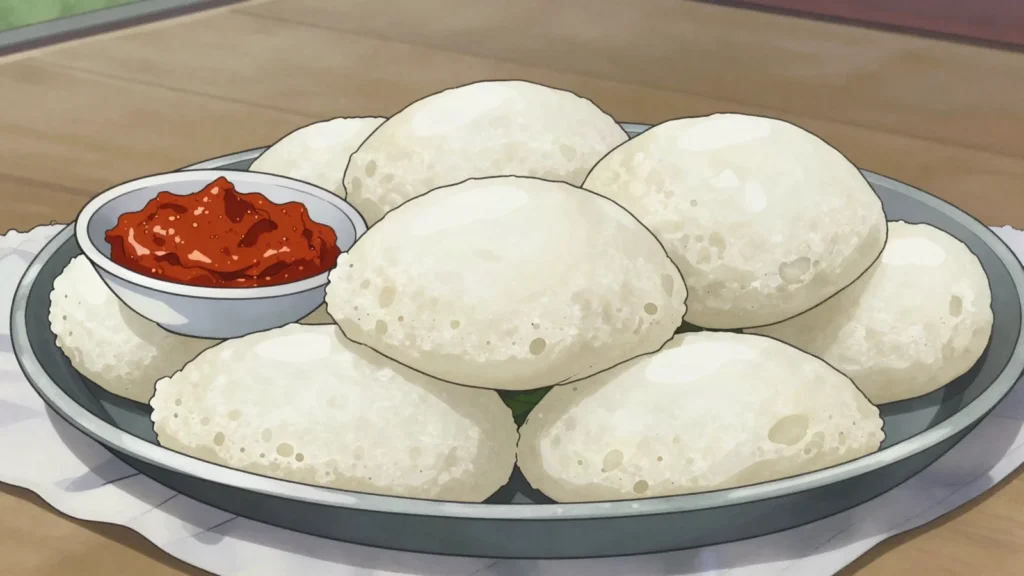Chitoi Pitha, plain steamed rice cakes from a loose fermented batter, eaten with fiery, Bangladesh breakfast, anime style