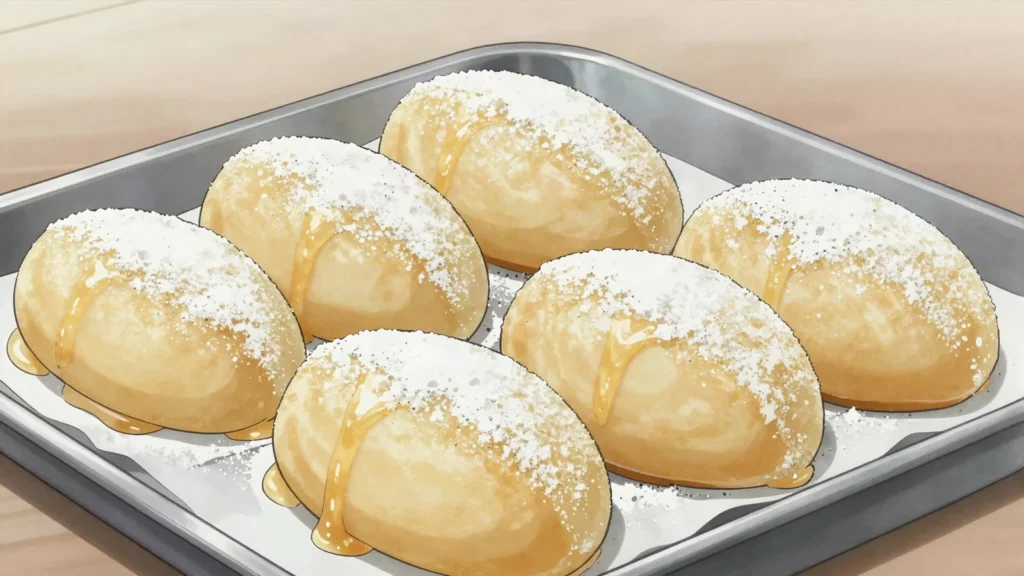 Chomchom, oblong chhena sweet soaked in syrup and dusted with dried milk, Bangladesh dessert, anime style