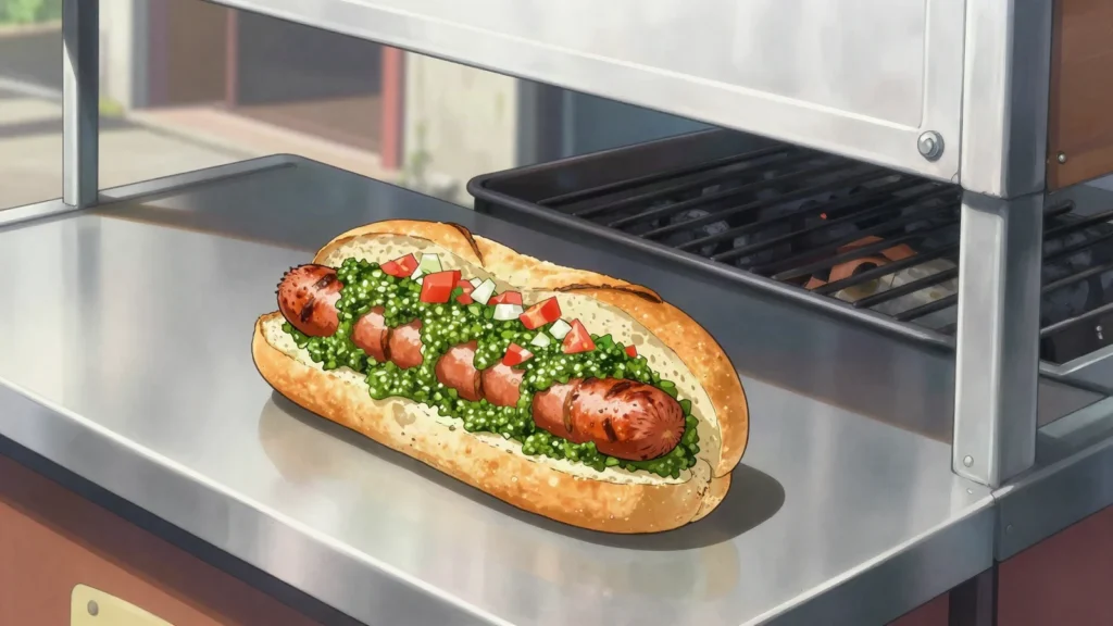 Choripán, grilled chorizo in crusty bread with chimichurri, match-day food, Argentina street food, anime style