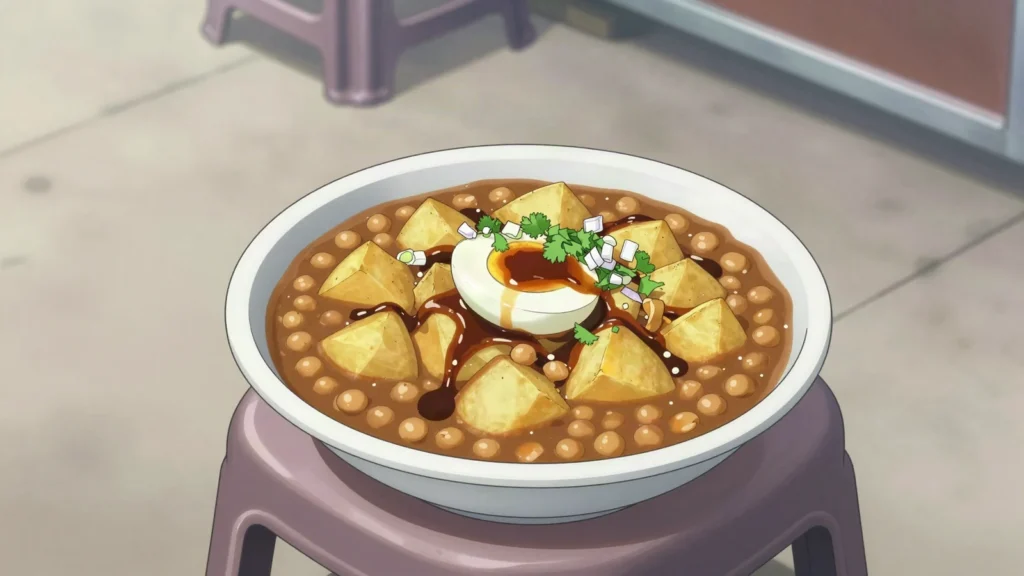 Chotpoti, tangy pea-and-potato stew topped with grated egg and tamarind, Bangladesh street food, anime style