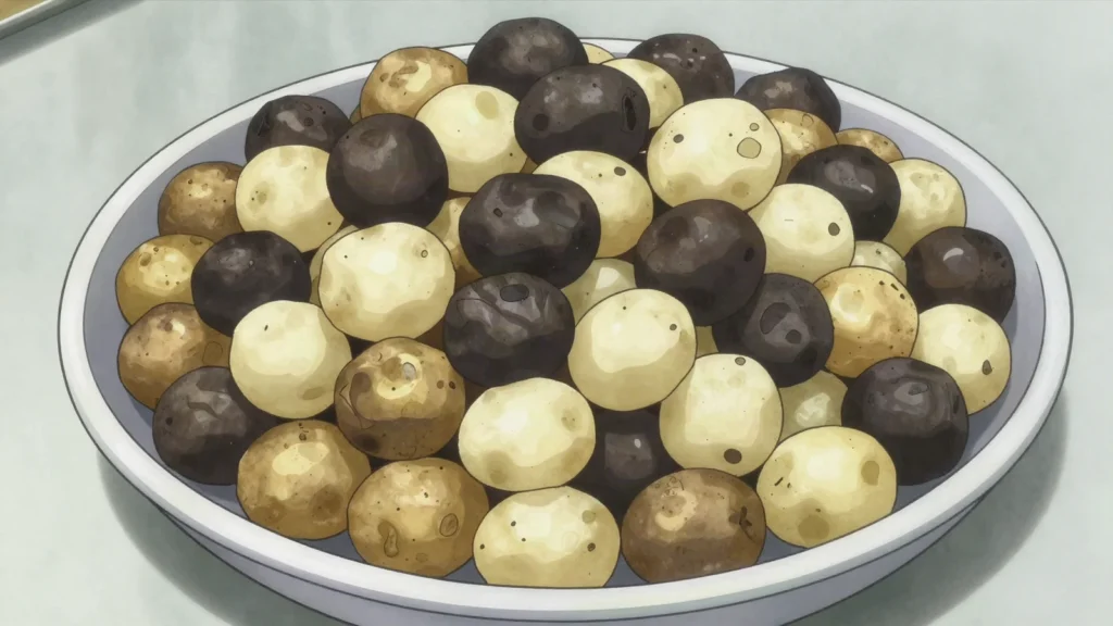 Chuño, freeze-dried potatoes, black or white, rehydrated into soups and stews, Bolivia salad & side, anime style