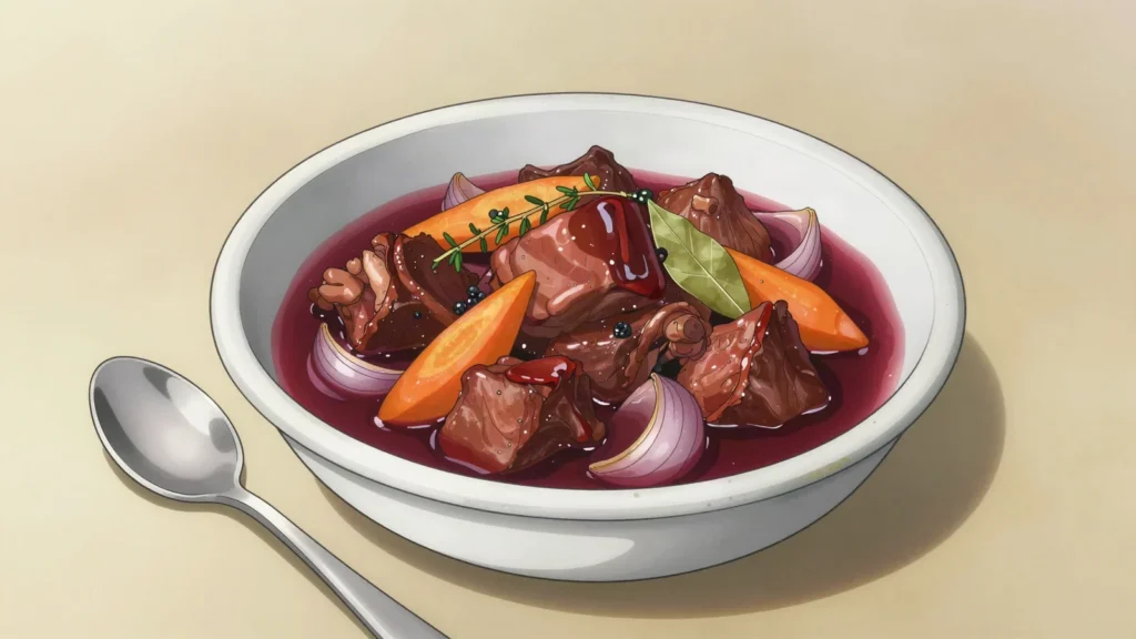 Civet de senglar, wild boar stewed slowly in red wine, Andorra soup & stew, anime style