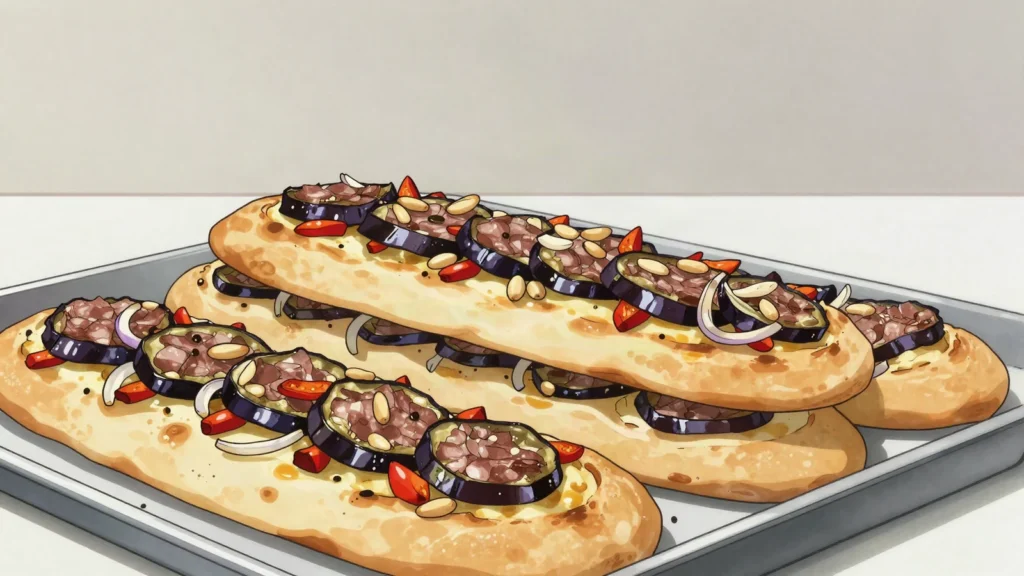 Coca, flat Catalan pastry, sweet or savory toppings, Andorra bread & pastry, anime style