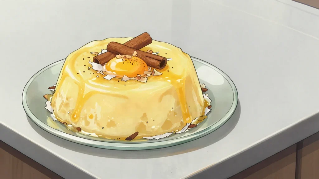 Cocada amarela, yellow coconut pudding rich with egg yolks and cinnamon, Angola dessert, anime style
